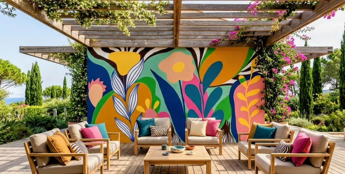 Fresque extérieure florale colorée sous pergola par Julie Leblond