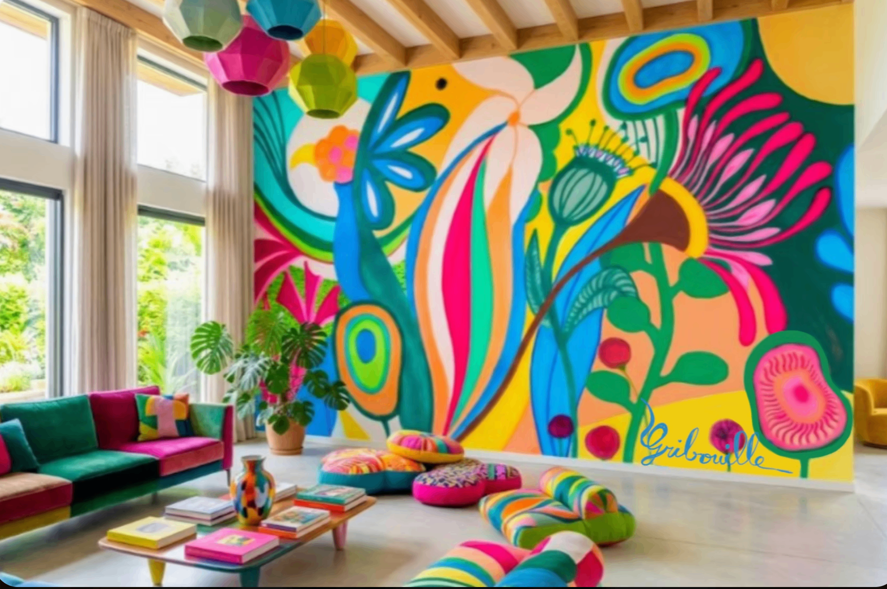 Fresque murale salon colorée par Julie Leblond, artiste peintre à Angers