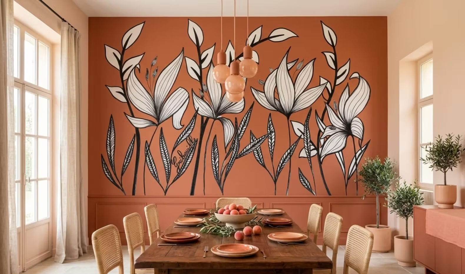 Fresque murale florale noir et blanc sur mur terracotta par Julie Leblond