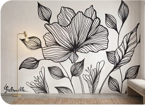 Fresque florale noir et blanc par Julie Leblond, artiste muraliste à Angers